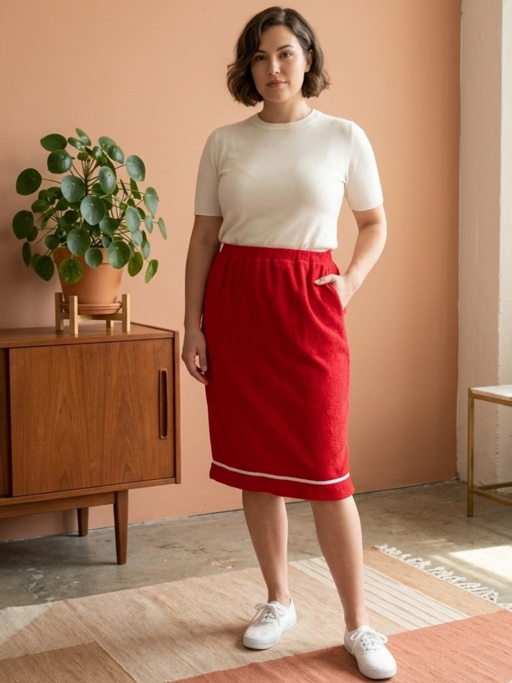 Vintage 60s 70s Red Terry Cloth Pencil Skirt White Piping Mod Retro Midi S/M